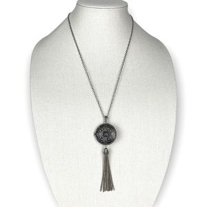 Antiqued Silver Tassel Locket Pendant Necklace